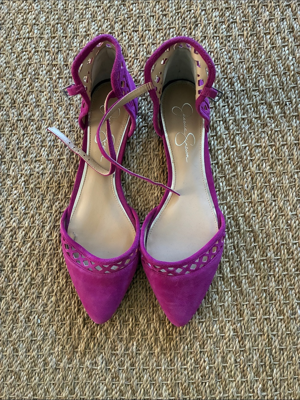 Jessica Simpson Magenta Pointed-Toe Suede Ankle-Strap Flats, Sz. 11